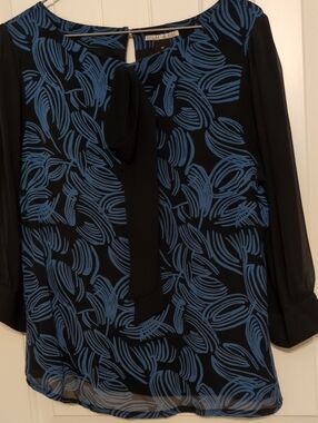 mac & jac Black Blouse with Blue Abstract Print and Tie Neck